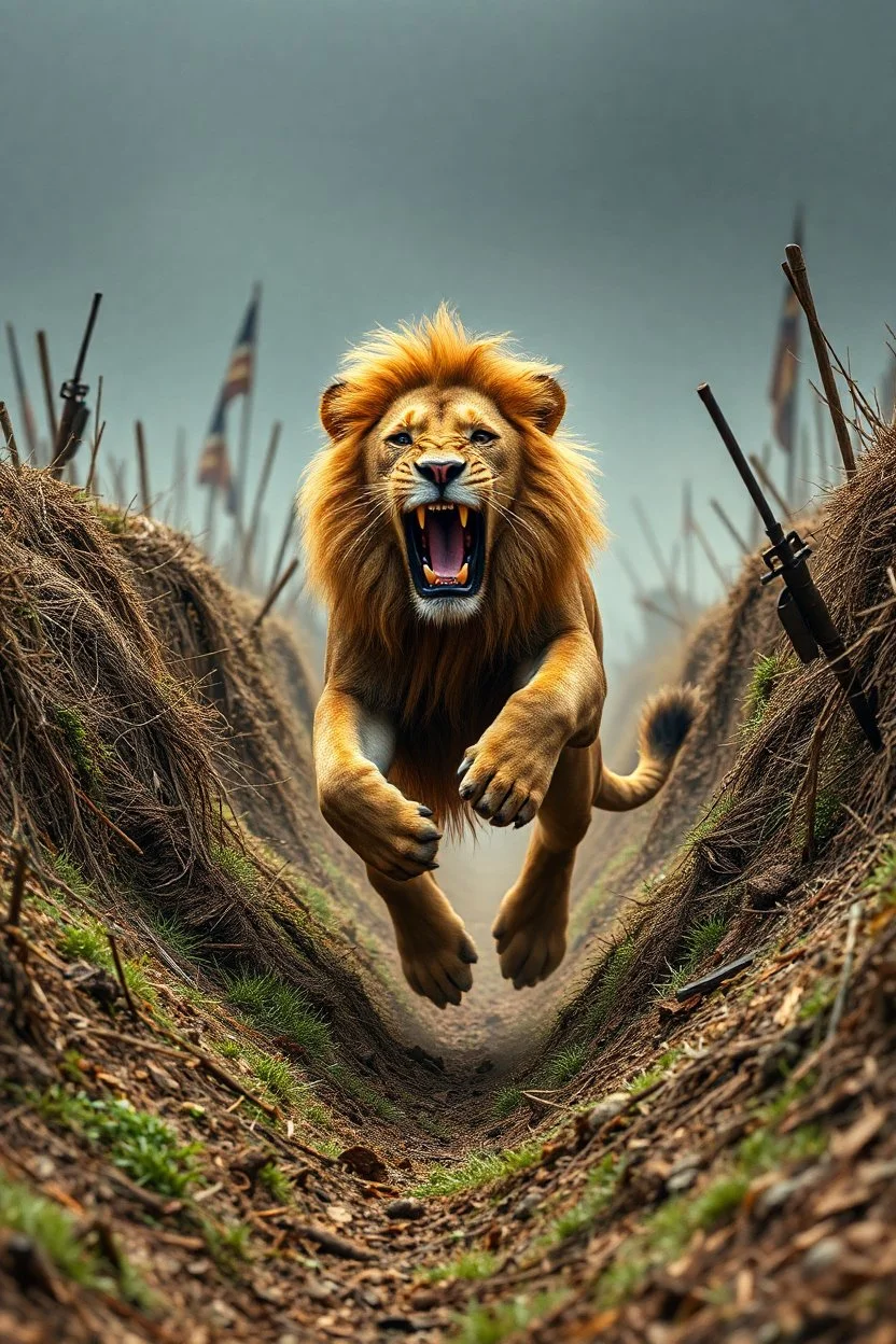 Ultra HD, Ultra Detailed,epic scene :A lion tuning and landing in the enemy's trenches. The lion ran around the trench, disrupting the concentration of enemies and forcing them out of the trench.