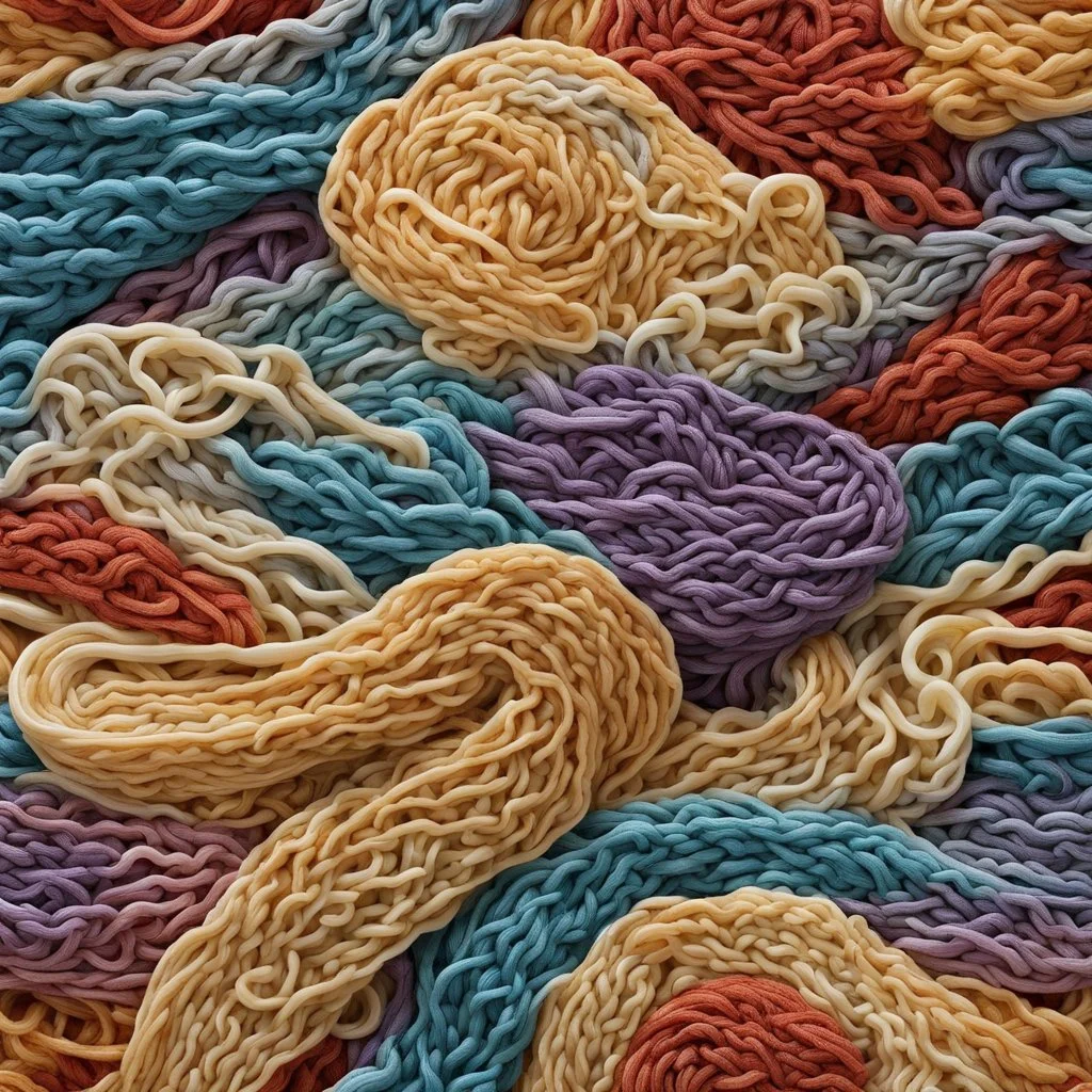 Showing how to intricately knit with ramen noodles from bowl, scarf made out of ramen noodle, ultra complex intricate detailed design, beautiful artistic creation, different Ramen Noodles, color photo, photorealistic, maximum quality.