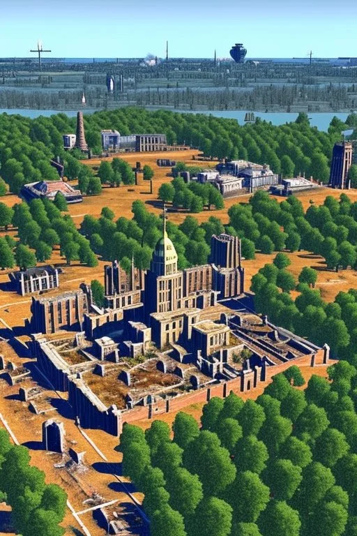 The remains of the city of Madison, Wi, as it would be depicted in the Fallout series of video games. Photorealistic, color