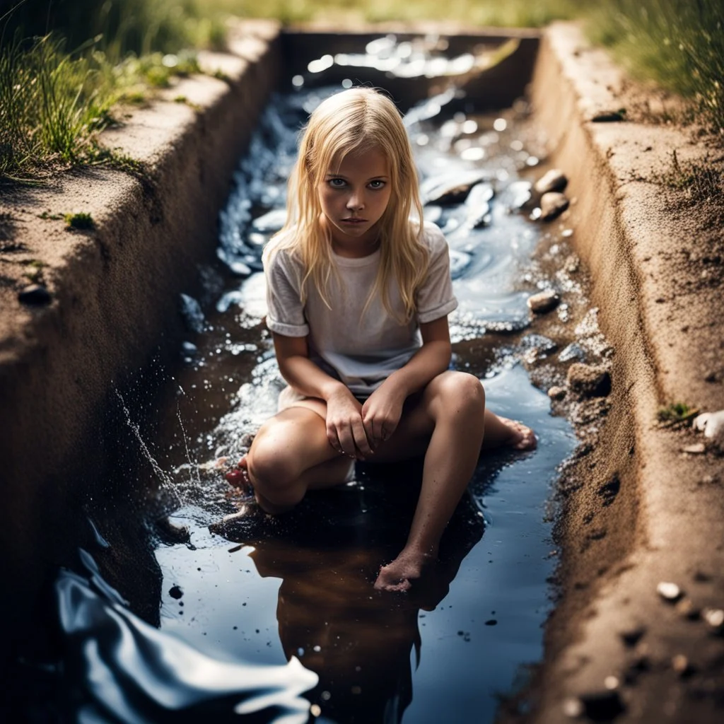 velmi mladá blond dívka sedí ve vaně v podřepu a studuje rozlitou vodu na zemi, vysoký kontrast, fotorealistické, RAW