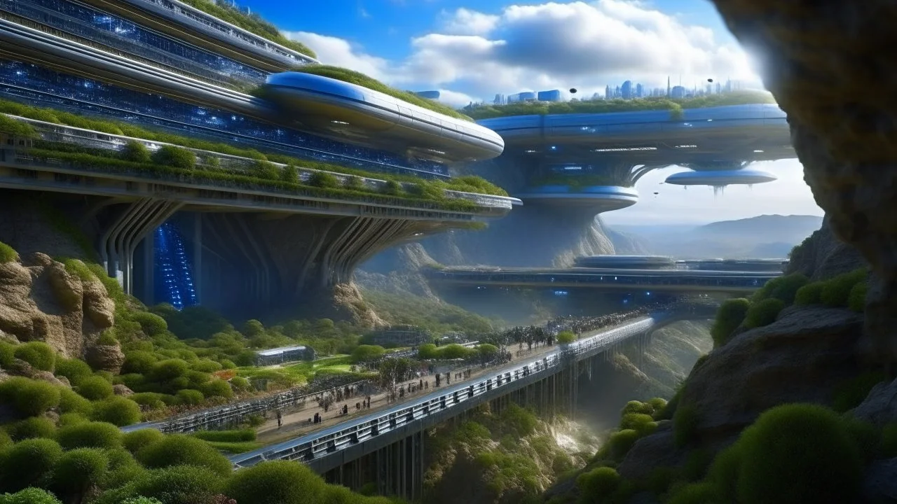 Many spaceliners docked at a huge busy spaceport, with gantries and walkways, setting into the side of a huge cliff, trees, vines and plants, Star Wars, Star Trek