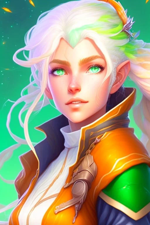 fantasy setting, woman ranger traveler with orange and white hair, pastel green eyes, kind, soft facial traits