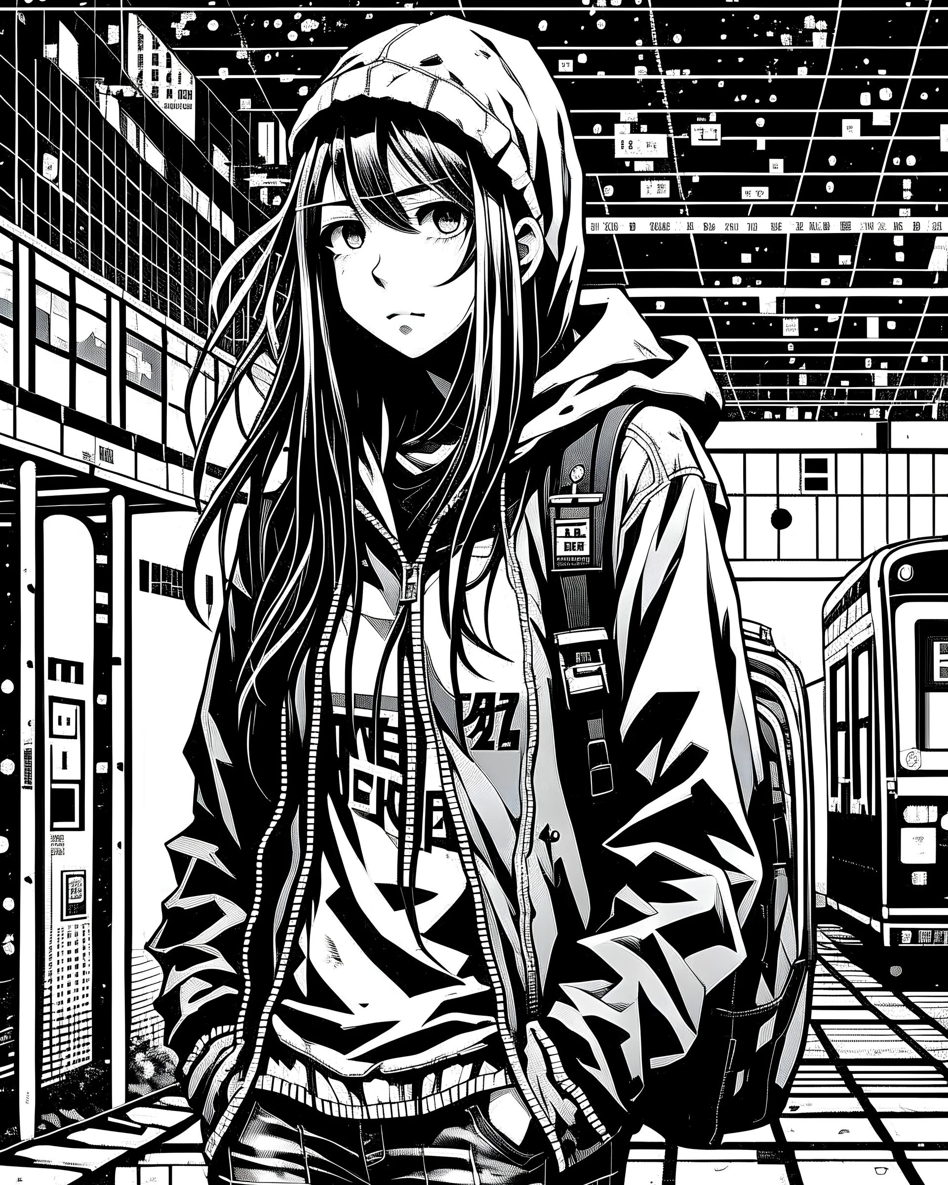 Cinematic penink manga anime illustration, 18yr old Beautiful cute attractive long straight hair school girl wearing hoodies and backpack, dynamic poses, futuristic dystopian, shy smiling at busstop, masterpiece by amano yoshitaka itojunji yoji shinkawa norihiro yagi Akio Tanaka hiroya oku