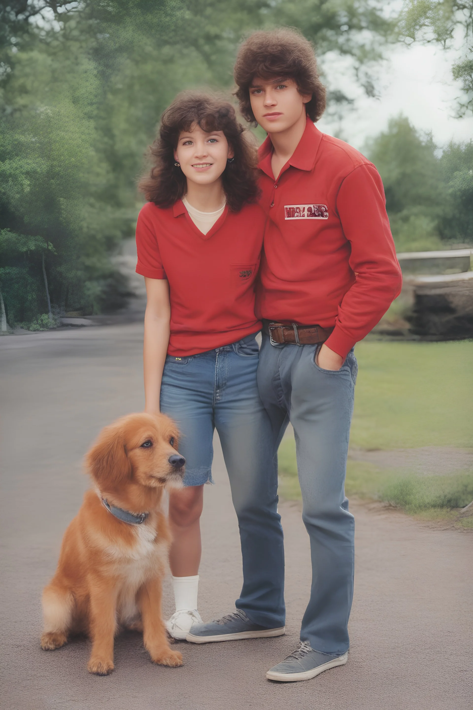 full color image, 1980's yearbook photo, teenager, Billy Joe and Mindy and the big red dog, 14 years old, photorealistic, --ar 9:16 --style raw