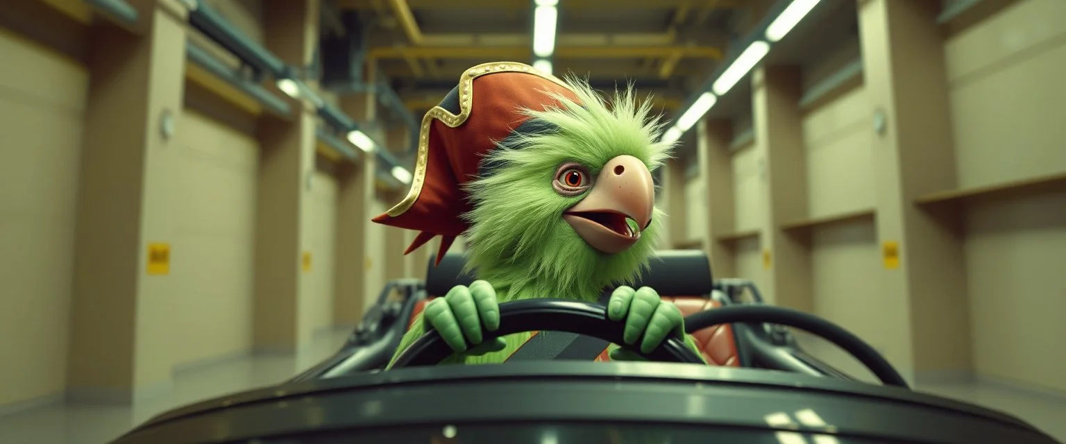 car driving happy 2d fluffy pirate parrot troll in the style of Escher and Giger and Fallout 4, pinhole cam, airbrush 3d rendering, on tv screen:A five-second cinematic single take in a clean industrial presentation hall.