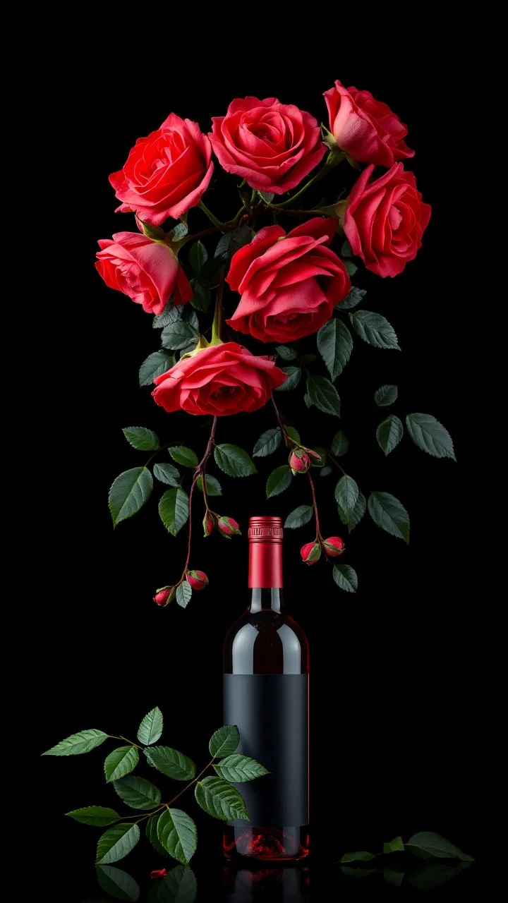 The image is a digital artwork that depicts a branch of tree of Red roses and leaves tangling down cr The background is black, which makes a branch of a tree of red roses stand out even more adding to the dreamy, ethereal quality of the image.all leaves and A bottle of red wine in front
