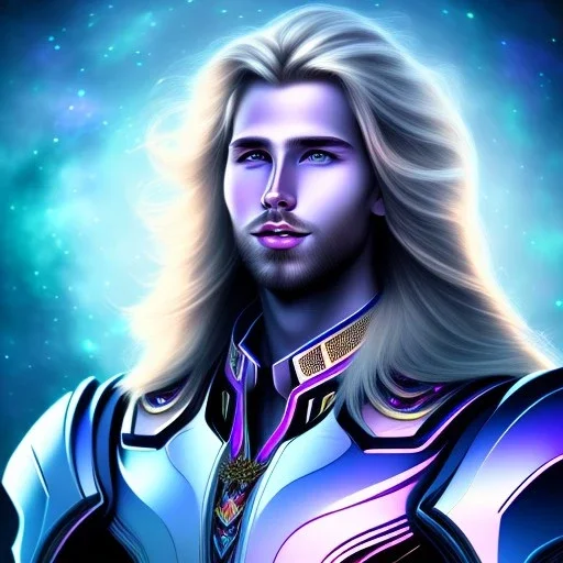 smiling beautiful long hair blond man face with cosmic armor and cosmic purple and blue sky behind