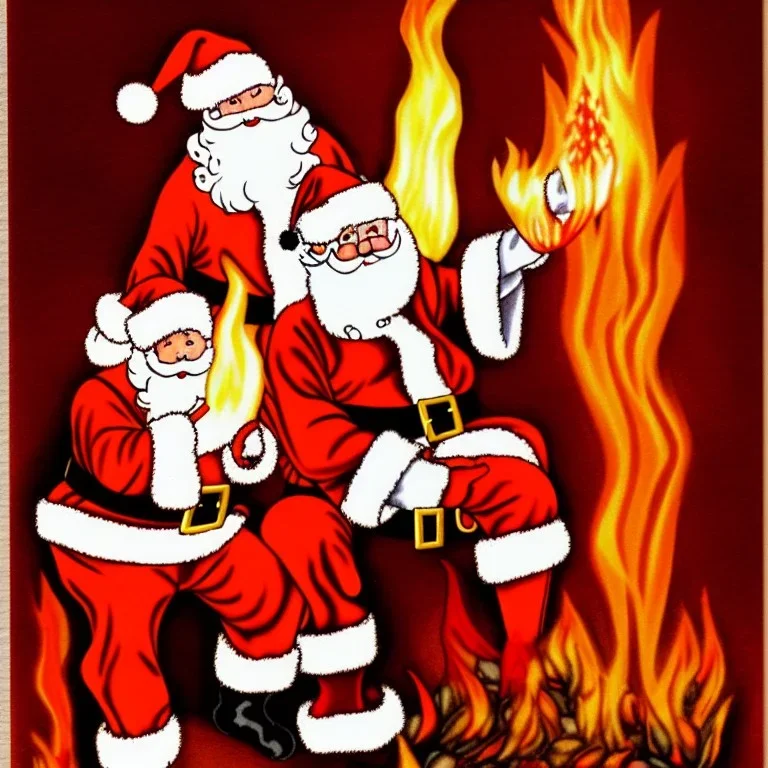 Santa Claus and fire demon, christmas card art