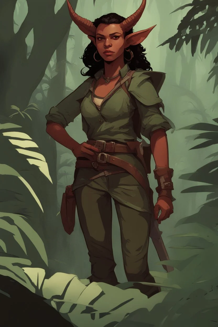 A DnD character. A female horned Tiefling ranger with pointy ears standing in a jungle. The Tiefling has a little pterosaurs on her shoulder and a rapier in her hand.