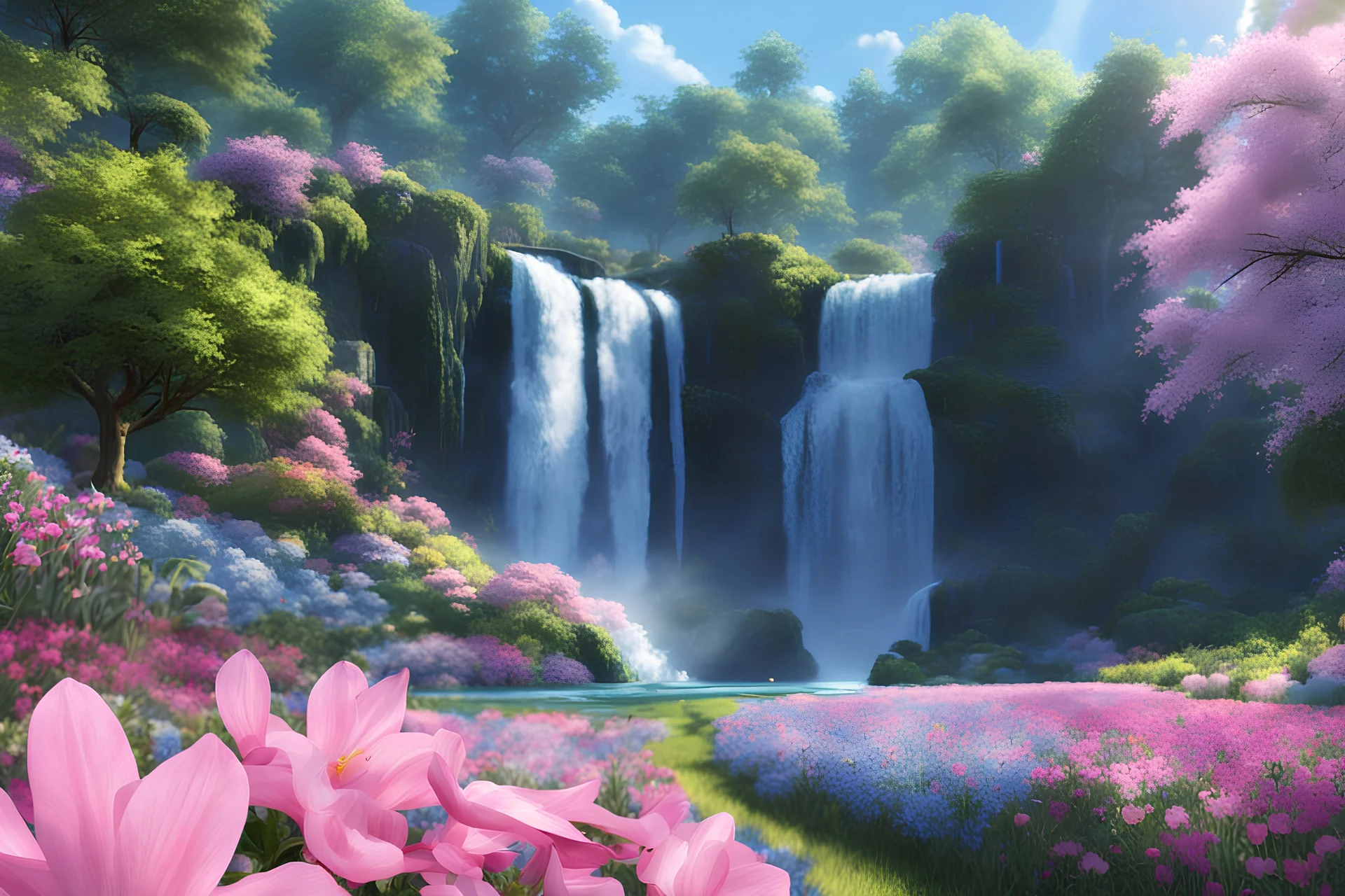 cosmic city, blue sky, garden, flowers, trees, waterfall, sunny day, pink, blue, yellow lights, light effect, smooth, extremely sharp detail, finely tuned detail, ultra high definition, 8 k, unreal engine 5, ultra sharp focus