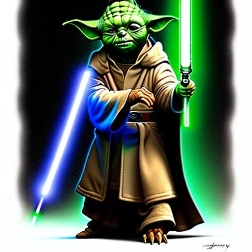 Dibujo al oleo de cuerpo entero de Jedi Yoda con sable de luz estilo Michelangelo