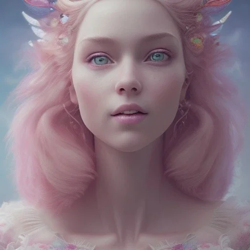 a large pink castle, a cheerful fairy in front, big smile, pink, blonde hair, beautiful, whole face, whole top hair head, wide open blue eyes, transparent wings onn the back, hyperrealism, masterpiece, expert, cinematic lighting, sharp focus, 8K, pastel, macro lens, woman, detailed, flower