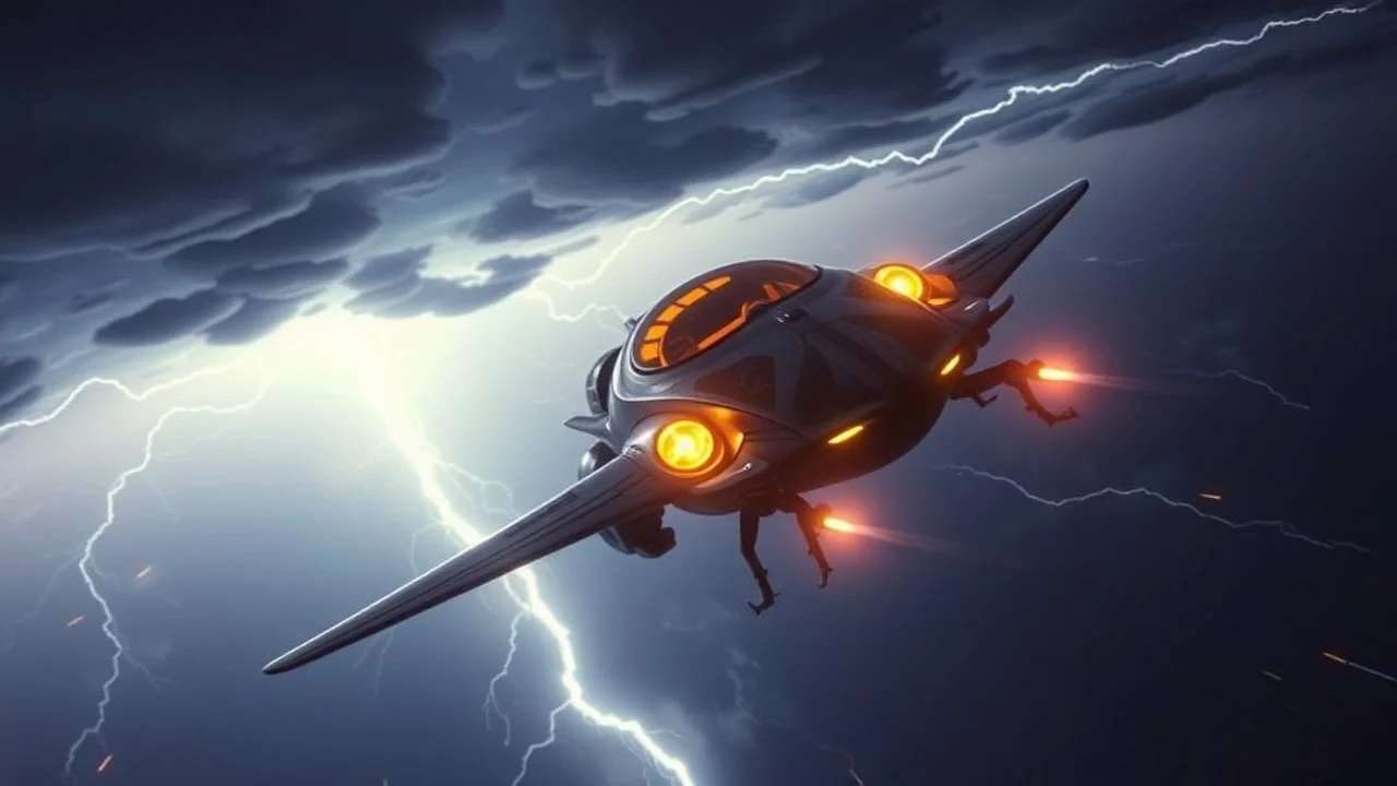 a high definition screen shot of a jet-fighter vw-beetle, retrofuturistic, phototrealism, in flight, one subject, thunderstormncc 1701 enterprise Macabre Rapture End of days Revelation scene,