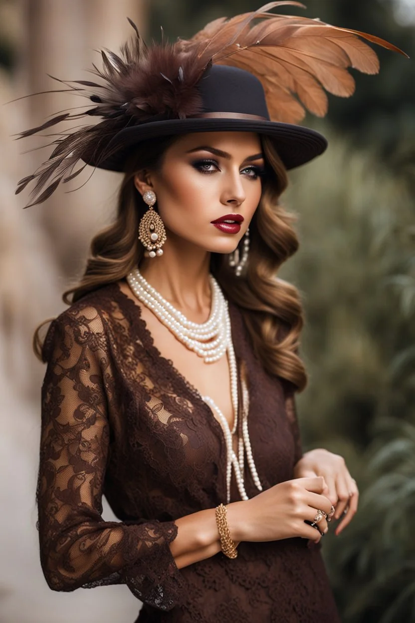 full body beautiful girl, elegant brown lace clothes of the 80s, luxury style, small elegant hat with feather, hair of the 80s, pearl necklace, earrings masterful, beautiful face