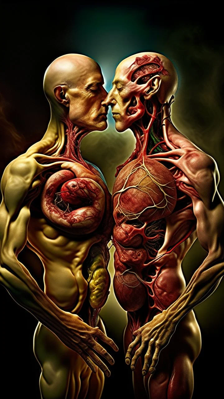 Bosch and Dali inspired hallucinations. cinematic gore photorealistic fleshy dmt lsd photo of 2 bodies making love, 1 male 1 female, 1 soul, complementary, anatomically fragmented, ripped apart again being flayed, skinned alive. A beating heart, muscles, blood vessels, bowels, entrails are exposed. anatomy. physiology. mythology. grotesque.