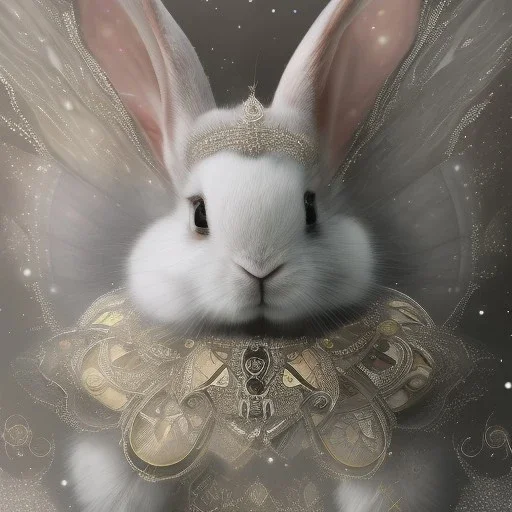 white platinum rabbit with blue third aye and butterfly wings, aboriginal, dot painting, indiginous, dot, mud, dream-time, abstract, dots, natural pigment, extremely sharp detail, finely tuned detail, ultra high definition, 8 k, unreal engine 5, ultra sharp focus, art germ and Paul Lewin and Kehinde Wiley, winter ambiance