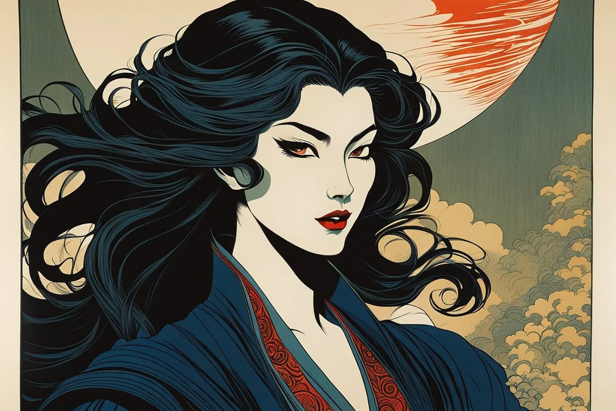 museum quality color woodblock print of an enigmatic Malkavian female vampire with highly detailed hair and facial features , in the style of Bertha Lum, and Prosper-Alphonse Isaac, with a fine art , graphic novel aesthetic, highly detailed, finely cut ,8k render,