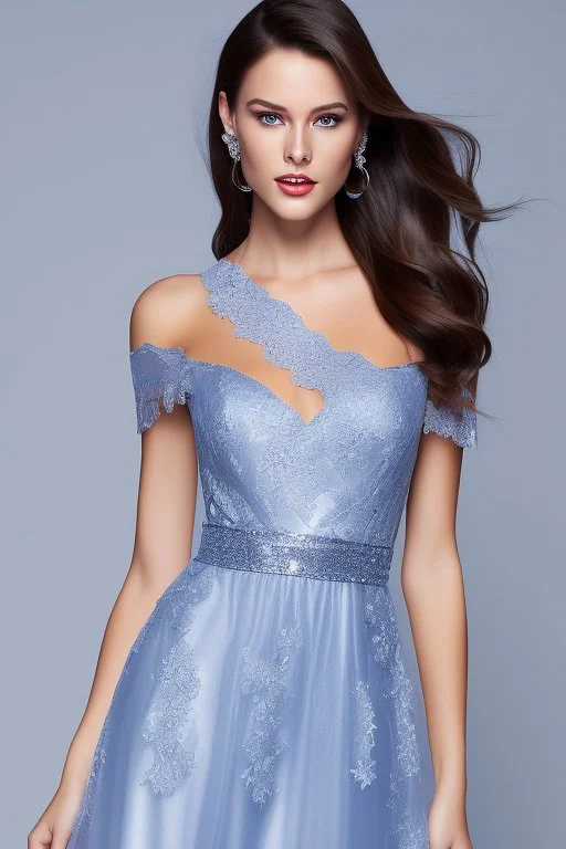 young, beautiful brunette with a perfect angry face, wearing blue silver lace off shoulder dress, standing in a modern stage with nice dancing lights.