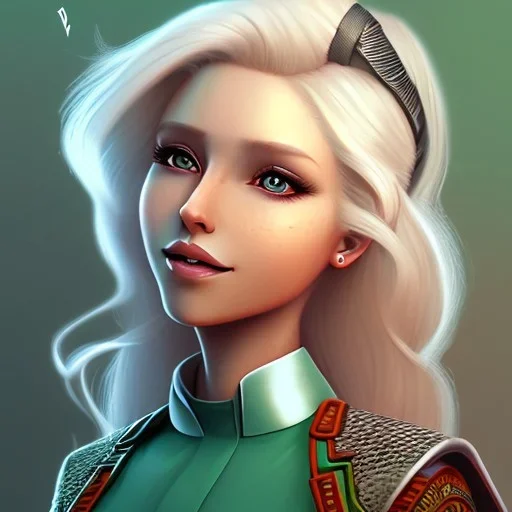 D&D character, female, cleric, platinum blonde hair, gold eyes, smile, teal armor