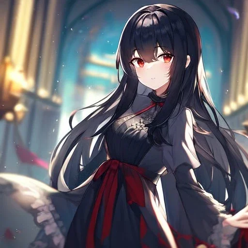 Clear focus, high resolution, black long fluffy hair, red eyes, wearing a cute outfit