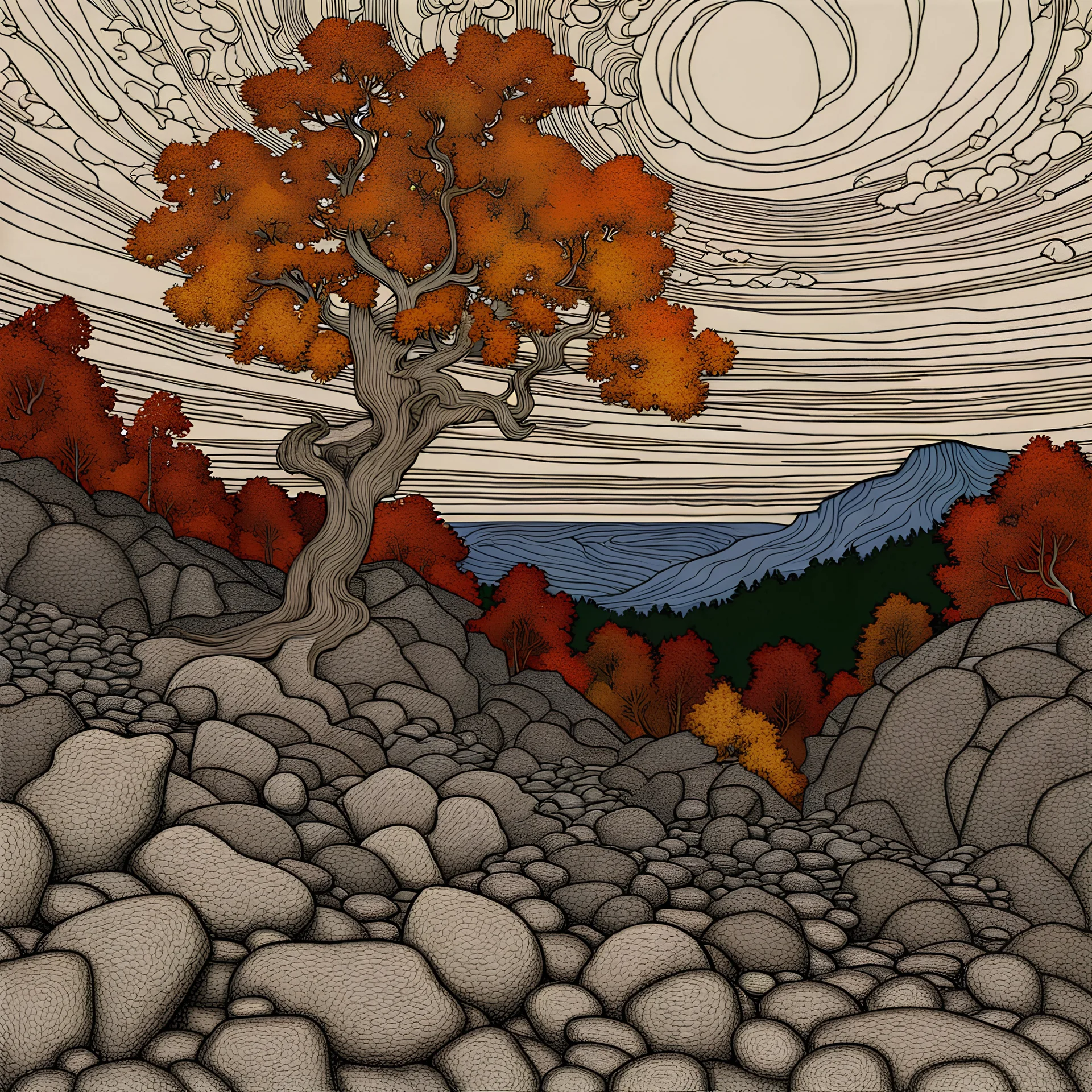 Autumn colors, peaceful, Egon Schiele, Max Ernst, night sky filled with galaxies and stars, rocks, trees, flowers, one-line drawing, sharp focus, 8k, deep 3d field, intricate, ornate, one million strokes