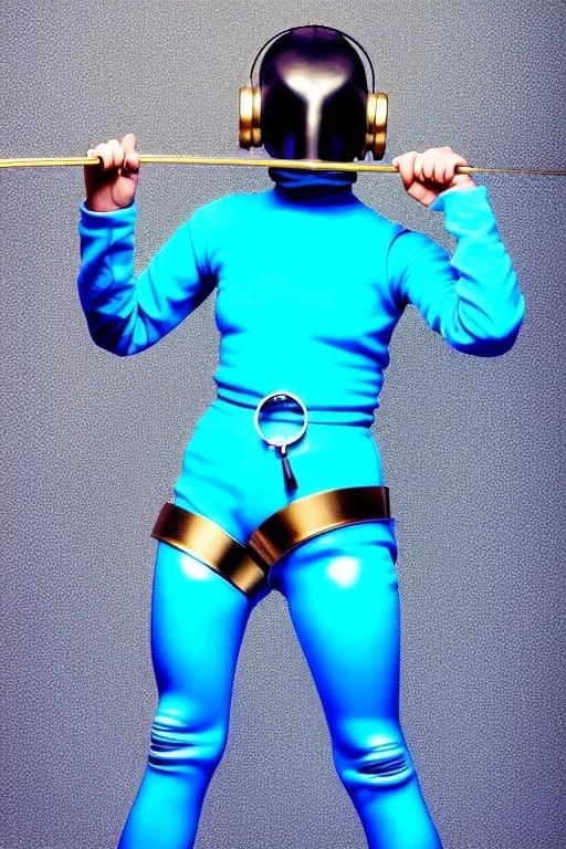 Cyan photograph Cyber-punk woman, steel mask, old AKG-style big headphones, golden rings & disc. Fencing mask. Speakers. Kill Bill, steel sword, Hattori Hanso. Thick tights, thick calves, arched fell, wide hip. Old camera lenses, ancient artifact attached, perfect body. Electronic circuits, device, laser. 5-dimensional Escher tiling background. Daft Punk, Tron Movie. Matrix movie clothes, tippet. Cyan latex. Wicked sneakers. 1990's, old telephone microphone as mouth. Minimalism fashion Futurism