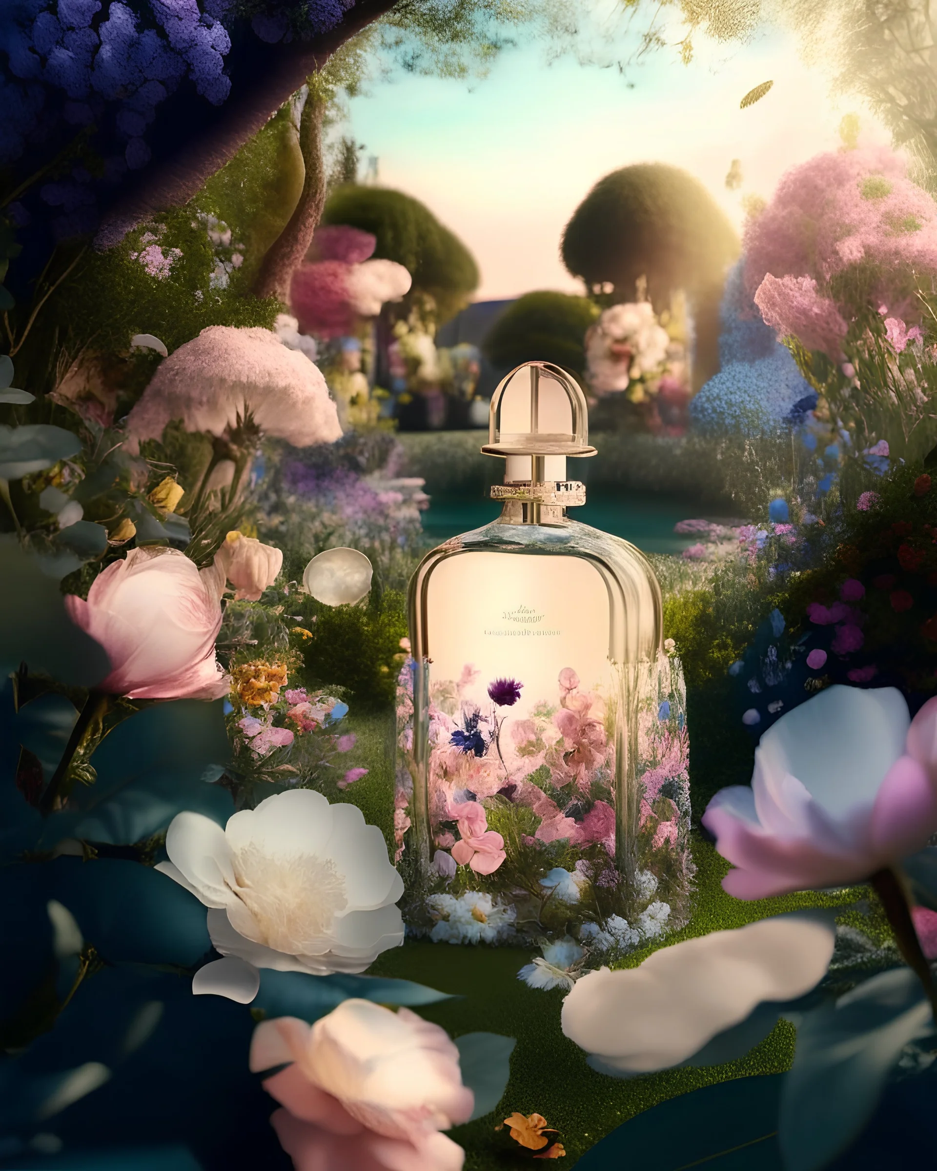 generate me an aesthetic photo of perfumes for Perfume Garden: Integrate bottles into a garden setting, surrounded by flowers.