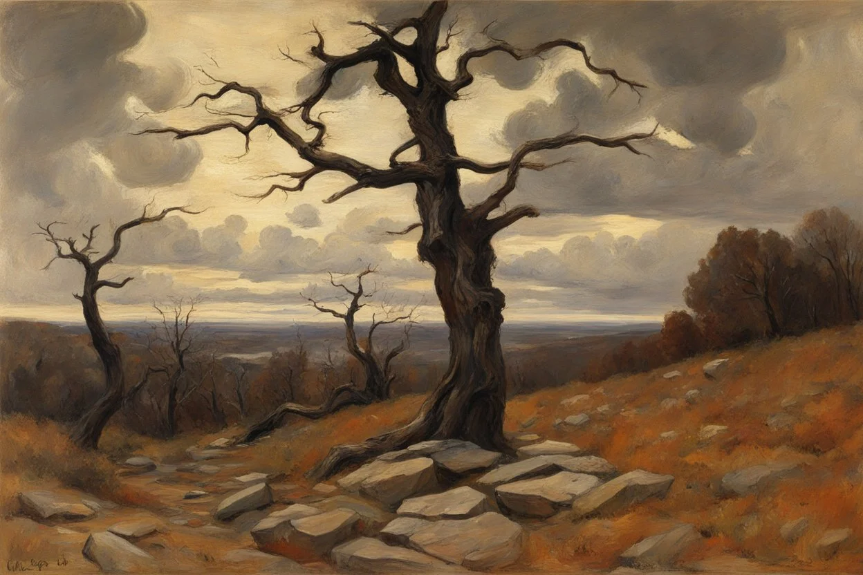 dry trees, autumn, clouds, rocks, one person, horror gothic movies influence, wilfrid de glehn and gustave caillebotte impressionism painting