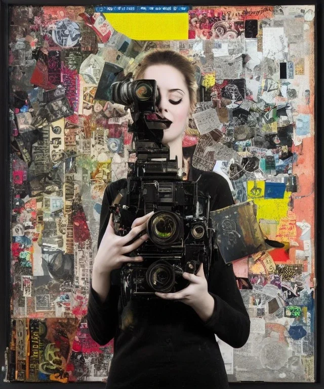 happy beautiful girl holding big proffesional camera in studio. street art, oil on canvas, spray paint, collage, letters, newspapeers, Dave McKean, Vladimir Fedotko, Saturno Butto, Vaughn Bodé, Frank Wu, James C. Christensen, collage, dirty, paint dripping, radiant