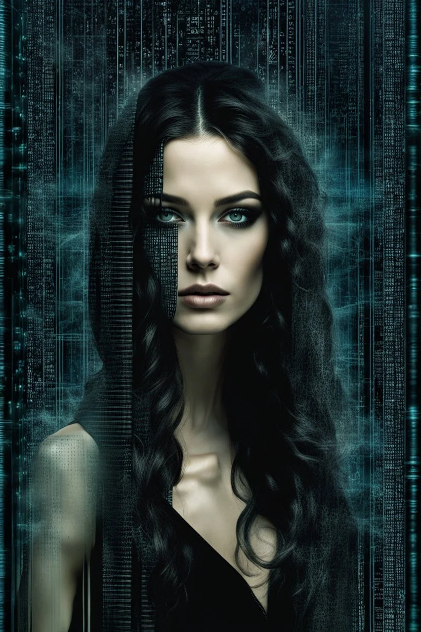 double exposure collage portrait from digital wall in the matrix with binary codes, numbers, strange dark colors plants, shadows and thin black sharp lines with shadows and dark spots. The zippered edge of the photo is down and the background is a young woman's pale face gothic make up, long, big hair. high detailed, cinematic, thriller mood, dark weird art style