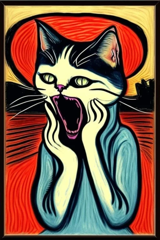 Cat holding her head with her hands. The scream Edvard Munch. Painting style of Edvard Munch