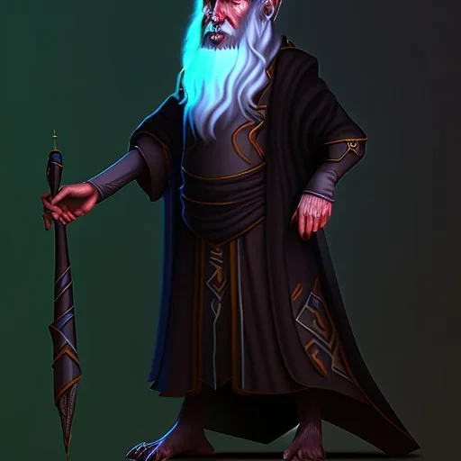 Old human wizard in dark robes hiding in a dark cave