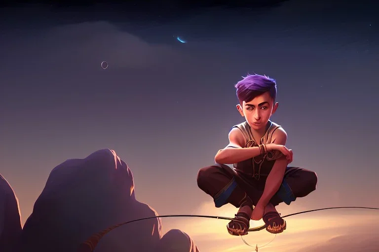 An extremely detailed, exquisite painting of boy sitting on a crescent moon fishing surrounded by the entire universe