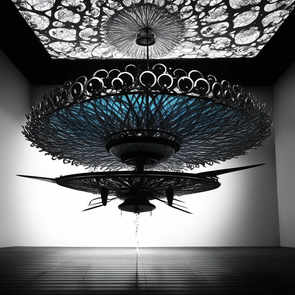 this photo Explores how brightness contrasts with shadow [psychedelic high res photo by Ralph Steadman] Light Against the Dark on a levitating intricated and sophisticated 3D metal piece over a plane