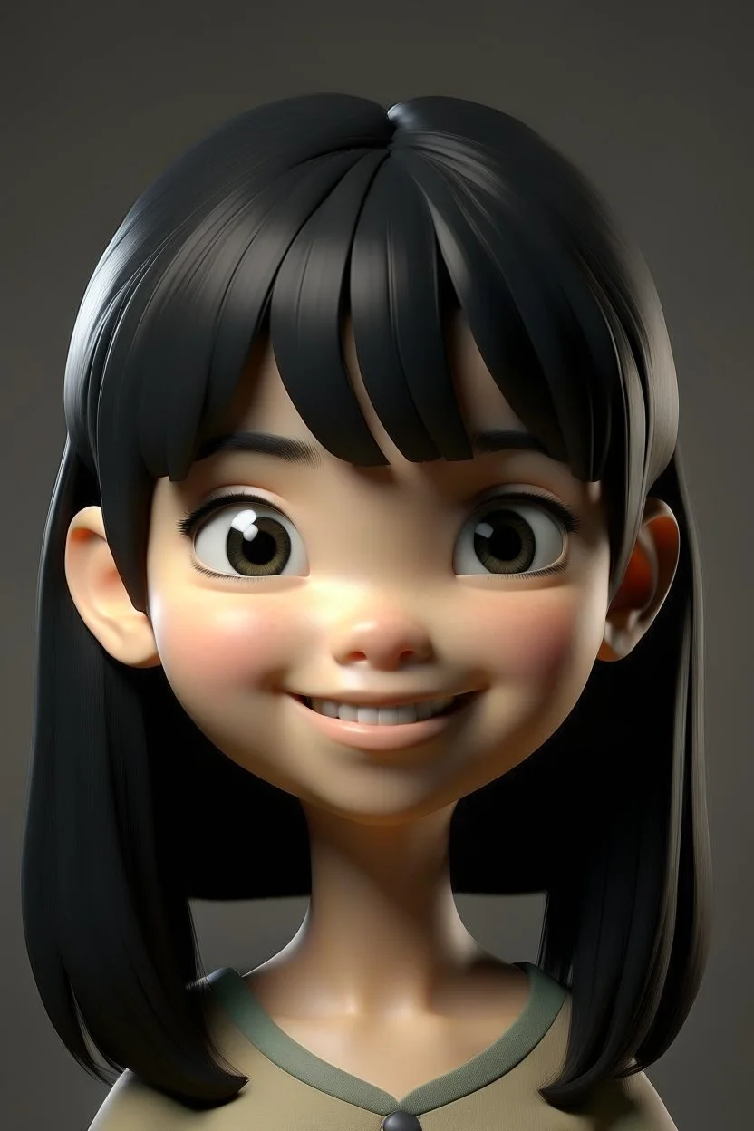 3D Cute girl smiley with medium black hair with bangs