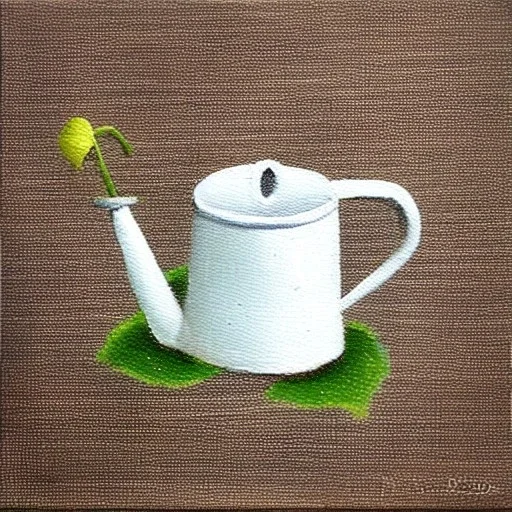 tiny oil painting of tiny watering can, plain white background, solid white background, tiny white canvas, tiny white frame, melancholy, tender, moody, vintage, delicate arrangement, beautiful composition, etsy, aesthetic layout, plain solid white background