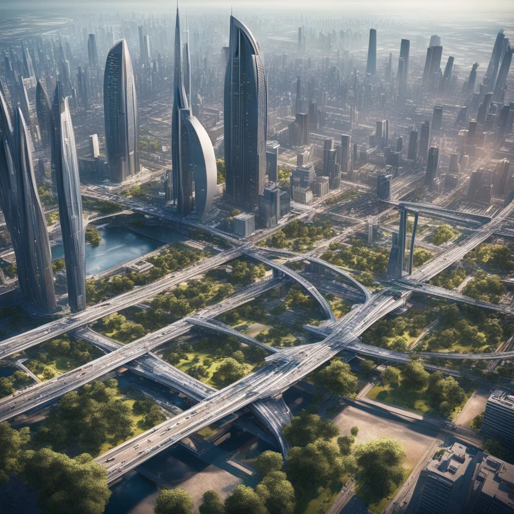 Aerial view of city on a (((twin planet))) of Earth in another galaxy, showing a diverse community. The skyline is dominated by tall skyscrapers with modern futuristic architectural designs, the streets are filled with people from diverse backgrounds. In the distance, a majestic bridge crosses a river and connects the city with a beautiful park on the other side. 8k