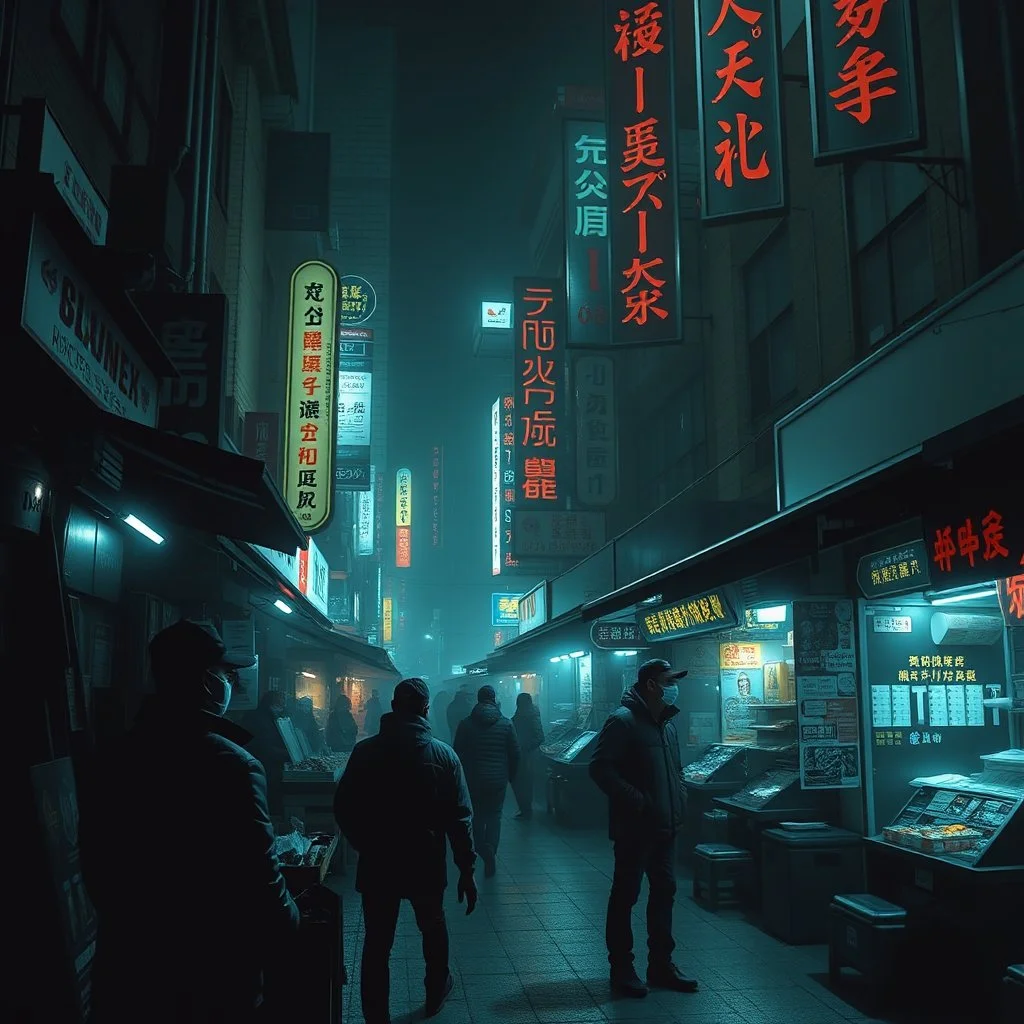 a dark market square, cyberpunk style, dodgy salesmen