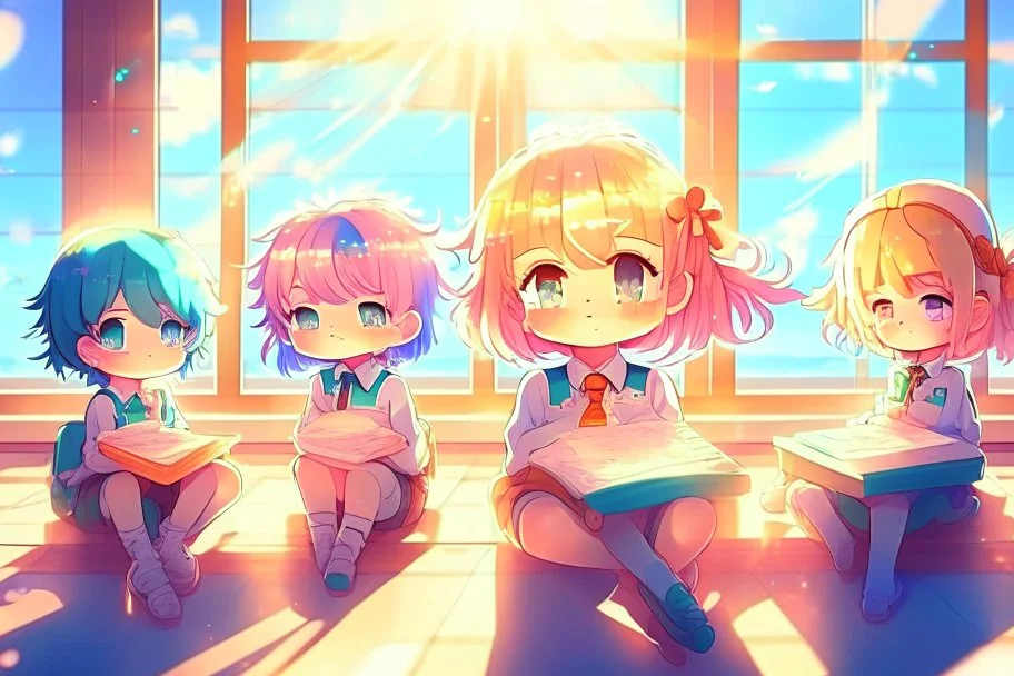 cute chibi holographic girls and boys sitting in the classroom in sunshine