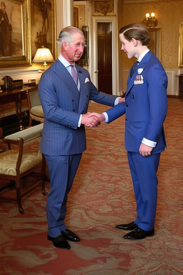 The Prince of Wales in traditional dress shakes hands with a young guest dressed in a blue suit, drawing room of St James's Palace, during a reception