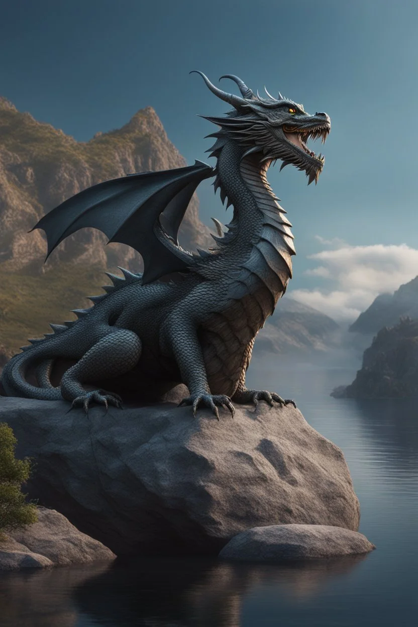 Ultra realistic photo of Dragon sitting on top of a rock next to a body of water concept ,full size, science, technology,future,electric ,futuristic style, design, practicality,manufacturability,performance, performance, HOF, professional photographer, captured with professional DSLR camera, trending on Artstation, 64k, full size, ultra detailed, ultra accurate detailed, bokeh lighting, surrealism, background,(((realism, realistic, realphoto, photography, portrait, , realistic, beautiful, elegan