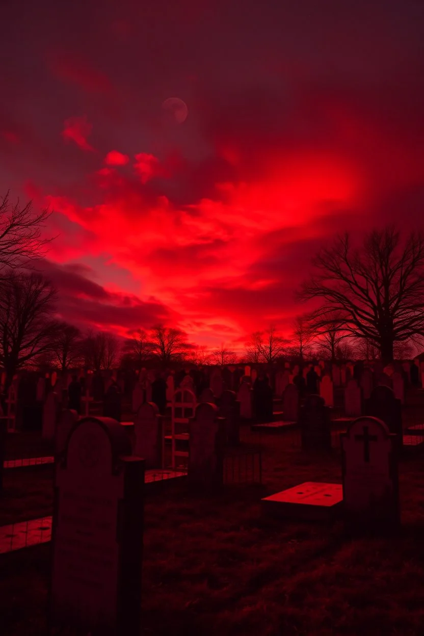 A grave yard at night all are red with red sky and red clouds all graves are red