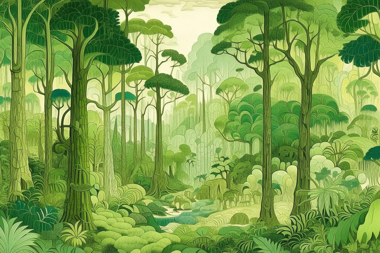 A light palish green rainforest with chopped down trees designed in Bayeux tapestry painted by Antoni Gaudi