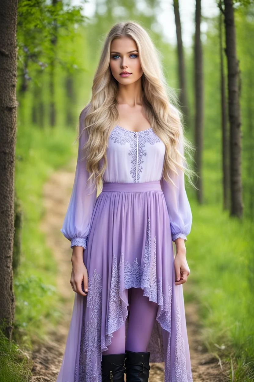 full body standing beautiful 20 year old girl with ash blonde hair and blue eyes with her long hair down, wearing a sleeved shirt and nice sarifon dress, and lilac long leggings, with long black boots full body shot,country side among trees