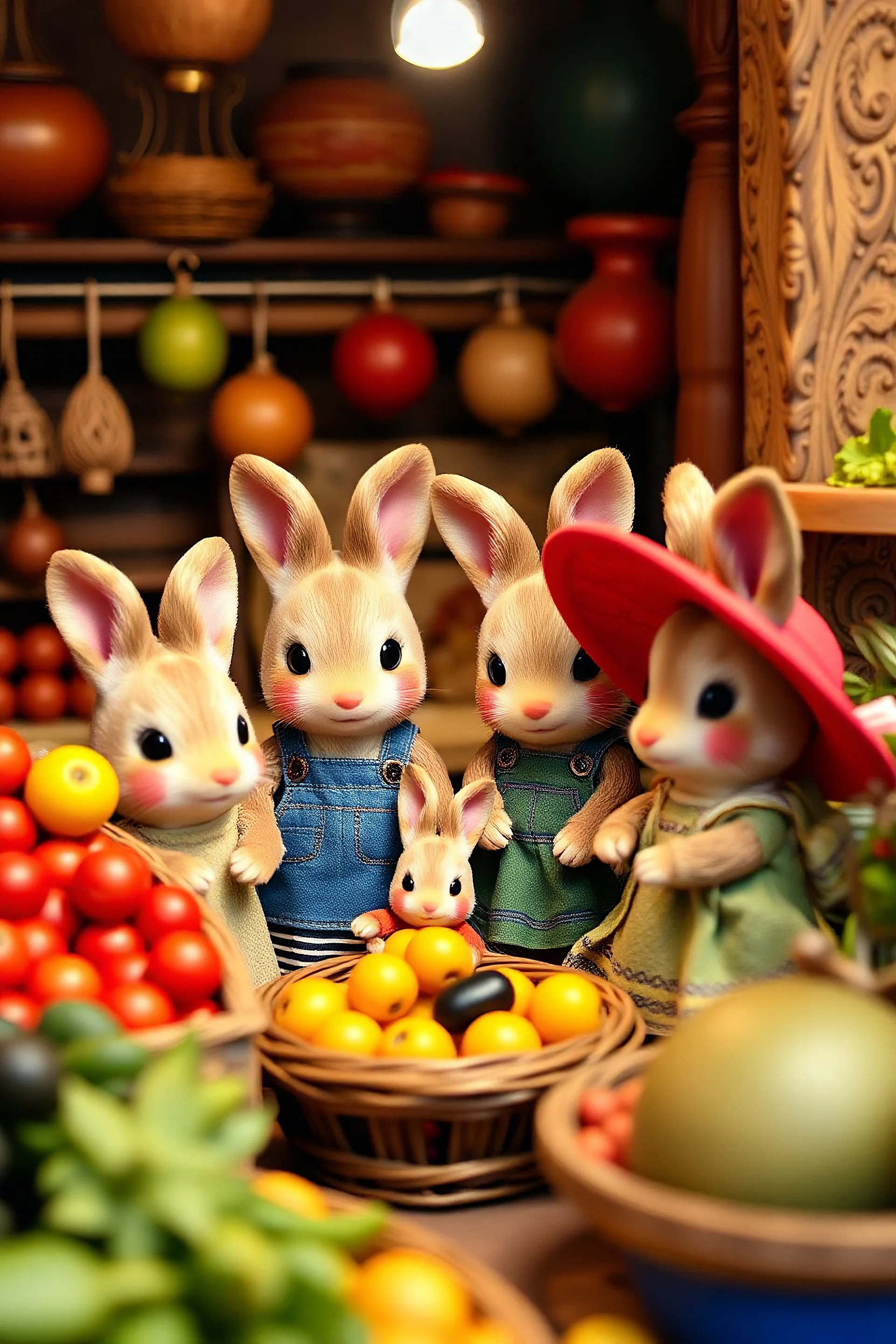 un sylvanian familie en un mercado mexicano vendiendo frutas