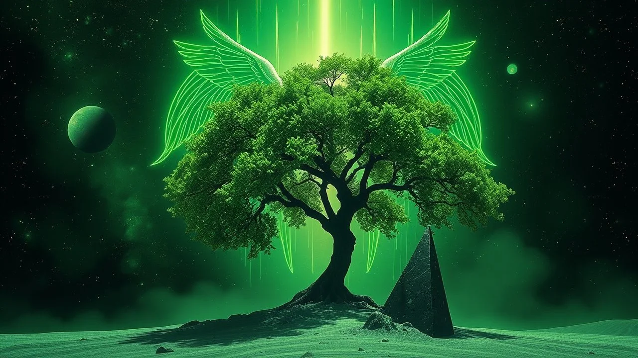 matrix universe, space, planets, god creation, angels from other dimensions with beautiful wings, trees on the planet, behind green crystals of light, few tiberium monolith deposits on the planet near tree,