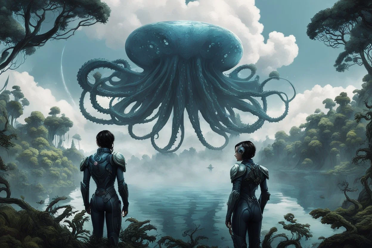 A woman with dark hair, in an android suit, looking out over a lake, in an alien forest, with tall cloud trees, flying Portuguese men of war with octopus tentacles