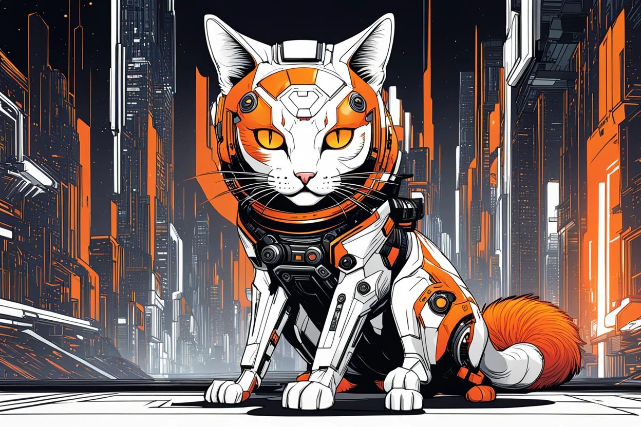 Ilustración cómic lineal de cat cyberpunk color blanco anaranjado y negro full body