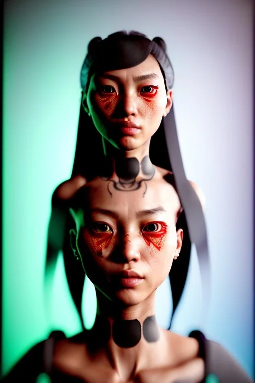 Studio photo portrait, Asian woman samurai, yakuza body tattoos, cyberpunk,japanese traditional ornaments, red, white, black, led wires, glow eyes, cinematic, Ultra realistic, wide angle view, soft color, highly detailed, unreal engine 5, RTX, ultra detail, 3d, finely drawn, high definition.