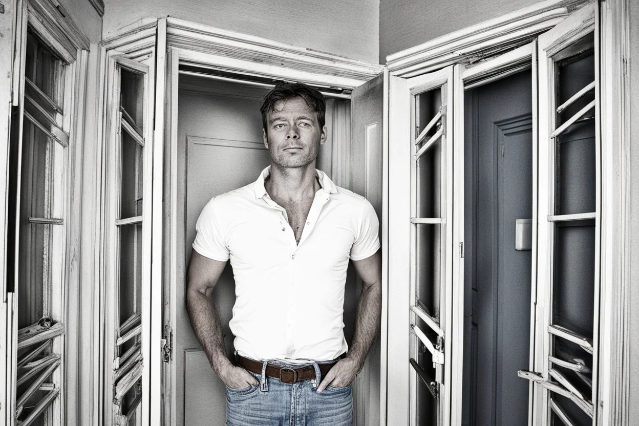 man in jeans and a shirt standing in a room of doors